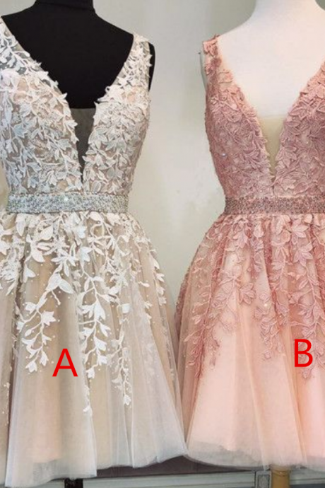 Short A-line V-neck Beaded Sashes Tulle Prom Homecoming Dresses Lace Embroidery