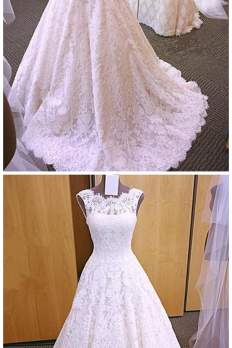 2018 Elegant A Line Lace Wedding Dress, Sleeveless Open Back Wedding Dresses, Bridal Dresses