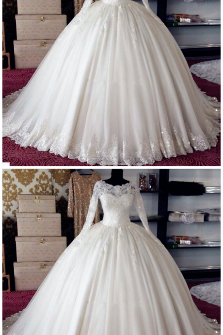 Lace Appliques Bateau Neck Long Sleeves Floor Length Tulle Wedding Gown Featuring Train