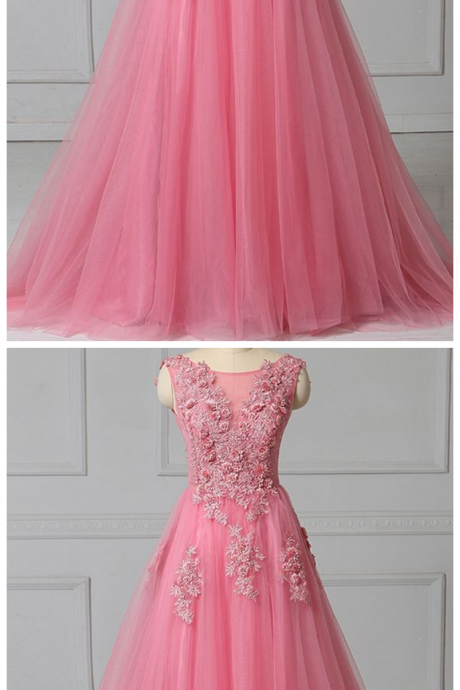 Tulle Scoop Neck 3D Lace Applique Evening Dress, Prom Dress For Teens 