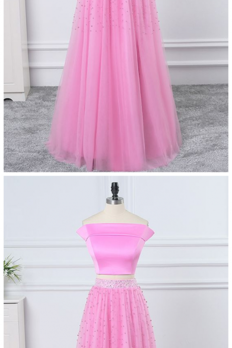 Satin Tulle Two Pieces Strapless Long Beaded Prom Dress