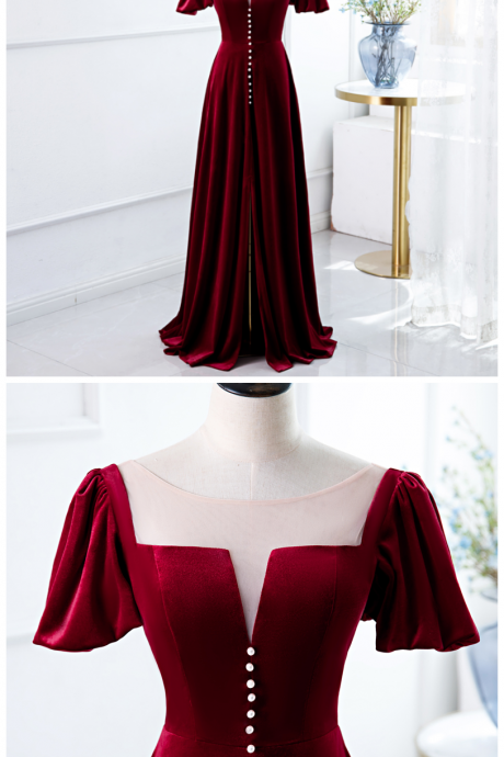 Elegant Wine Long Party Dress, A-line Velvet Bridesmaid Dress