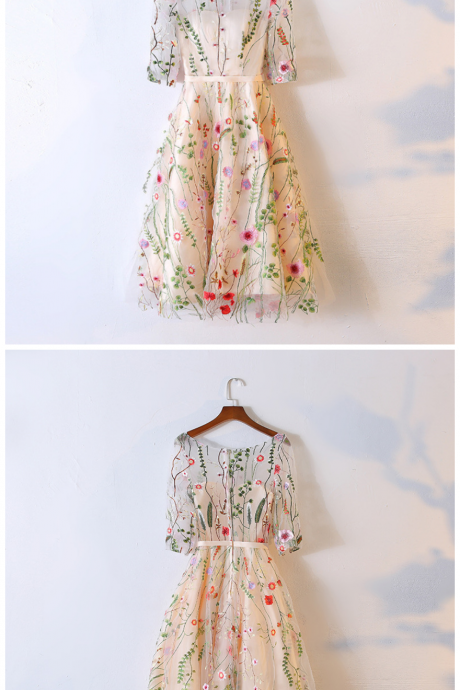 Beautiful Short Sleeves Bridesmaid Dress, Cute Floral Homecoming Dress
