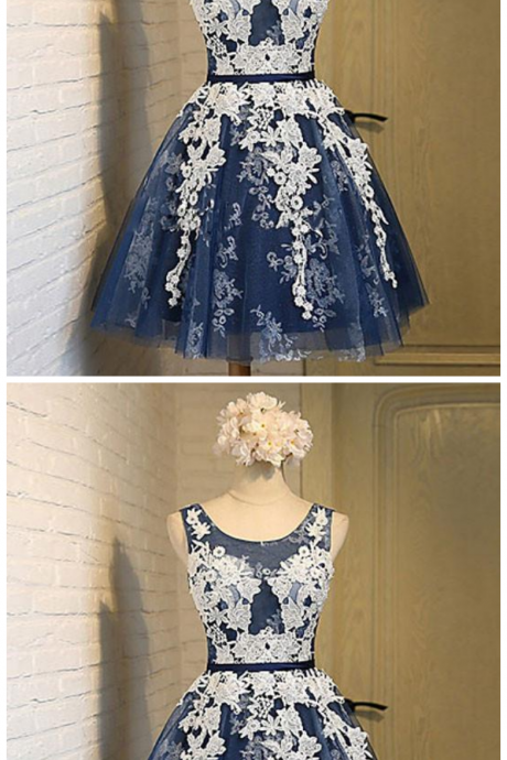 Cute Round Neck Lace Tulle Short Prom Dress, Bridesmaid Dress