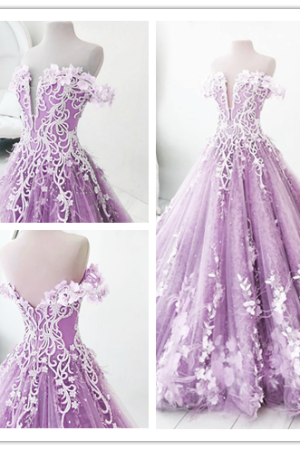 Ball Gown Prom Dresses,off-the-shoulder Prom Dress,lilac Prom Dresses,appliques Prom Dress,floor Length Ball Gown Evening Dress