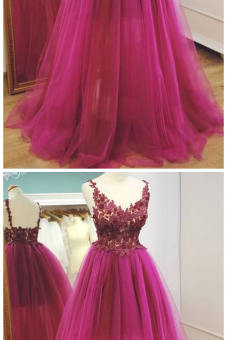 Long Tulle Prom Dresses,formal Dress,prom Dress, Lace Appliques Evening Dresses