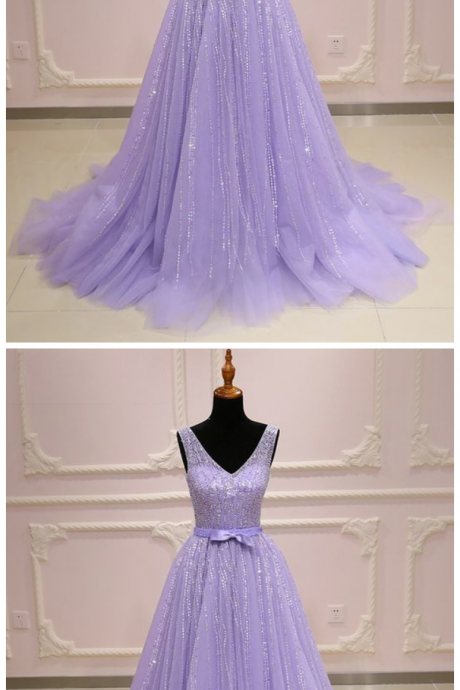 Tulle V neck long customize A-line sequins senior prom dress with bowknot