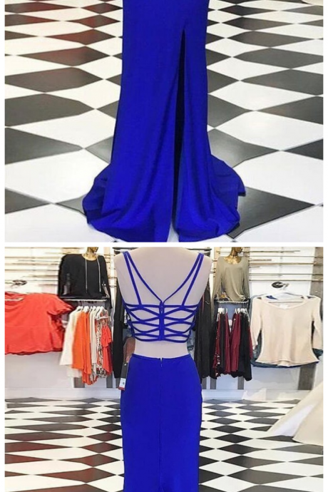 Royal Blue Two Piece V-neck Cut Out Prom Dress With Split