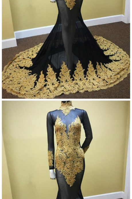 Long Sleeves Black Mermaid Prom Dress With Gold Appliques