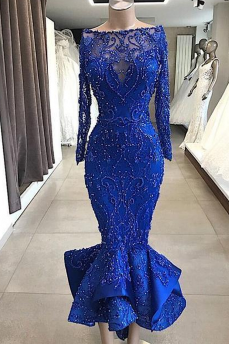 Sexy Beading Mermaid Long Evening Dress Illusion Appliques Long Sleeves Tulle Formal Party Dress