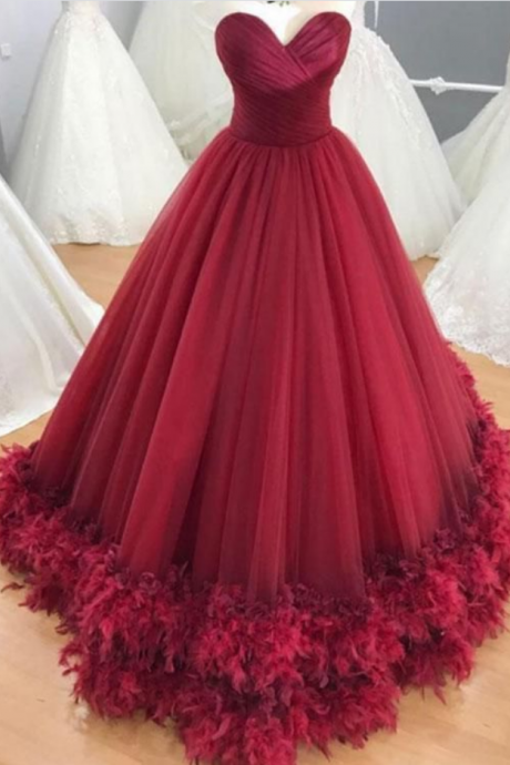 Sweetheart Burgundy Tulle Long Formal Prom Dress, Evening Dress