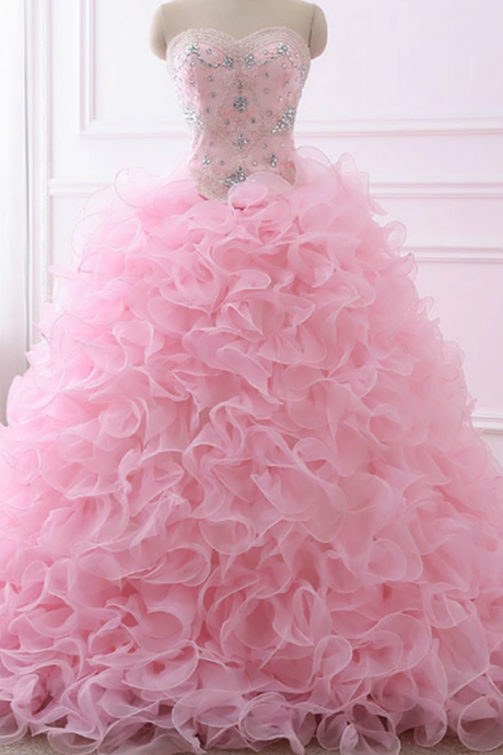 Quinceanera Dresses Ball Gown Sweetheart Organza Crystals Beaded Ruffles