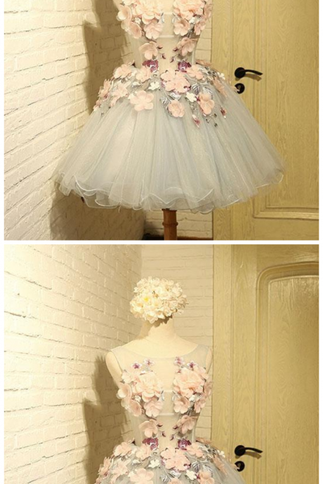 Cute Round Neck Tulle Lace Applique Short Prom Dresses