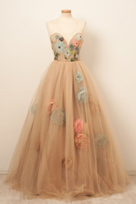 Beautiful Prom Dresses Scoop A-line Hand-made Flower Long Chic Prom Dress