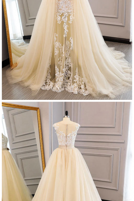 Champagne Wedding Dresses With Detachable Train Lace Applique Cap Sleeve Elegant Modest Wedding Gown Robe De Mariee 2020