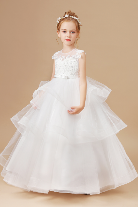 flower girl dresses, Girls White Wedding Children Clothing Princess Sleeveless Dresses Baby Kids Birthday Party Clothes Appliques Tiered Dress