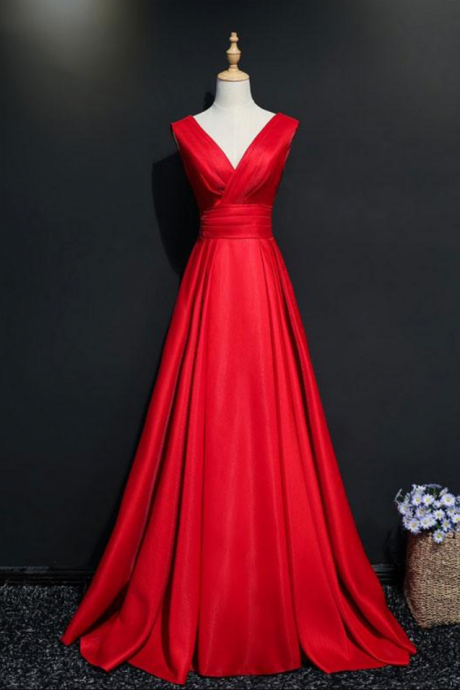 Simple Red V Neck Long Prom Dress, Red Evening Dress