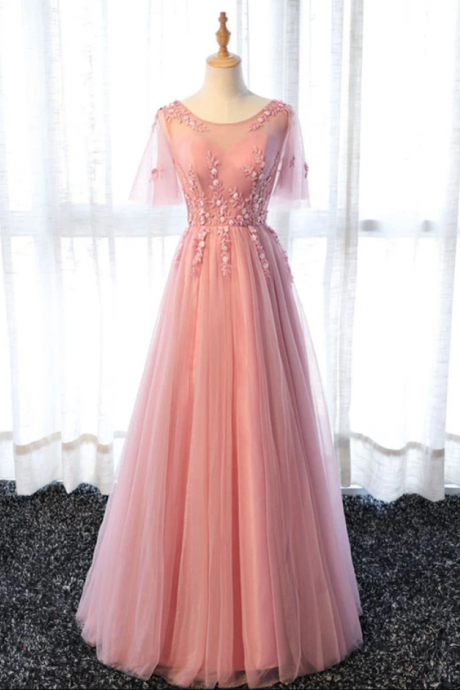 A Line Tulle Lace Long Prom Dress, Lace Evening Dress