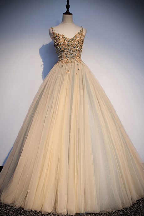 V Neck Tulle Sequin Beads Long Prom Dress Tulle Formal Dress