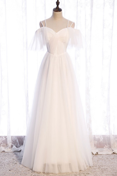 White Sweetheart Tulle Long Prom Dress White Bridesmaid Dress