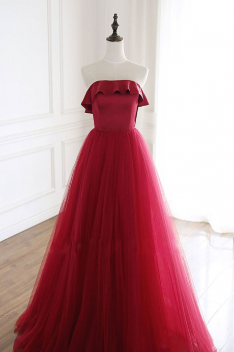 Simple Burgundy Tulle Long Prom Dress Burgundy Formal Dress