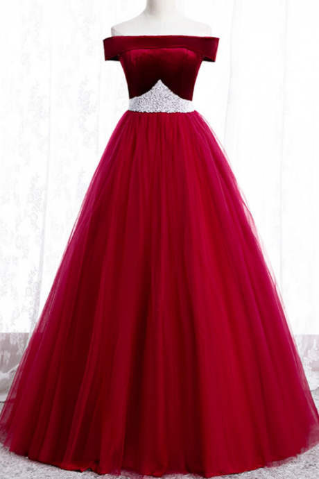 Burgundy Tulle Off The Shoulder Prom Dress With Pearls