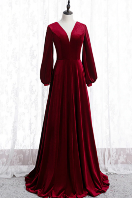 Burgundy Velvet V-neck Long Sleeve Long Prom Dress