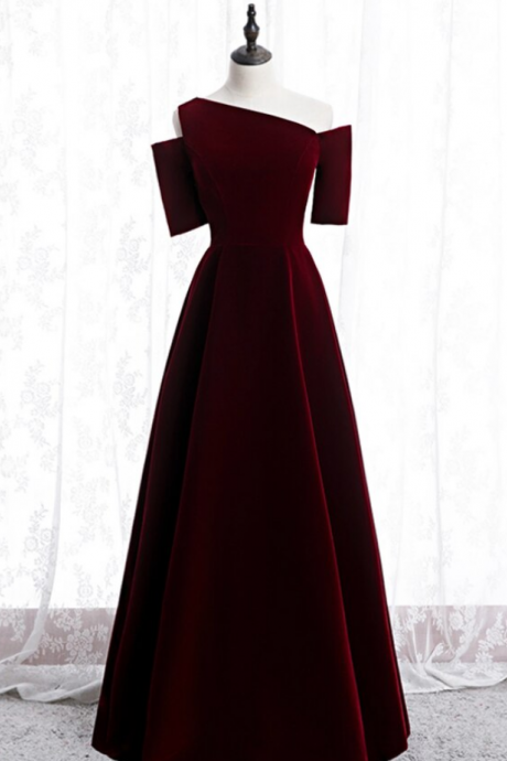 Dark Burgundy Velvet Irregular Neck Short Sleeve Prom Dress
