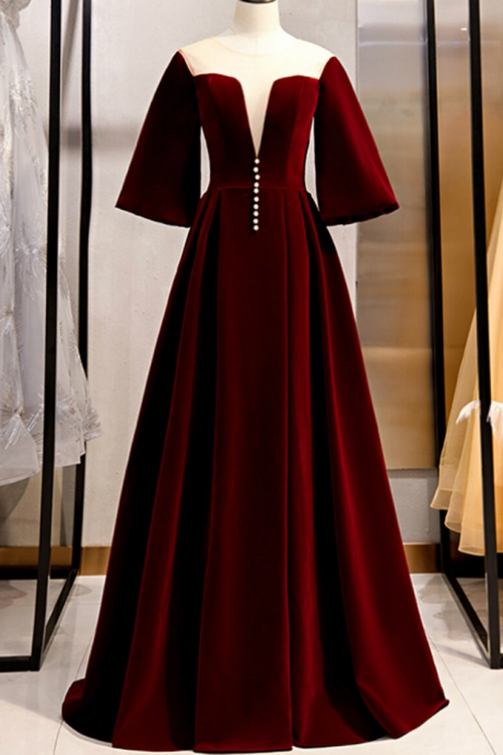 Dark Burgundy Velvet Short Sleeve See Through V-neck Prom Dress