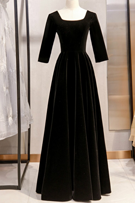 A-line Black Square Short Sleeve Prom Dress