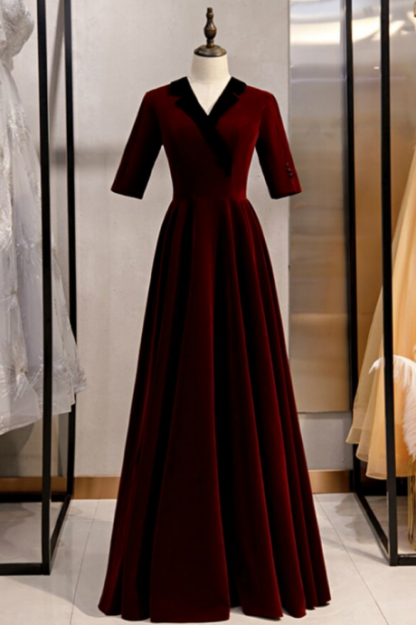 A-line Dark Burgundy Short Sleeve V-neck Prom Dress