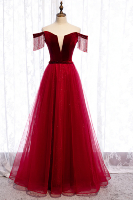 Tassel Sleeves Off The Shoulder Tulle Burgundy Floor Length Lace Up Prom Dress