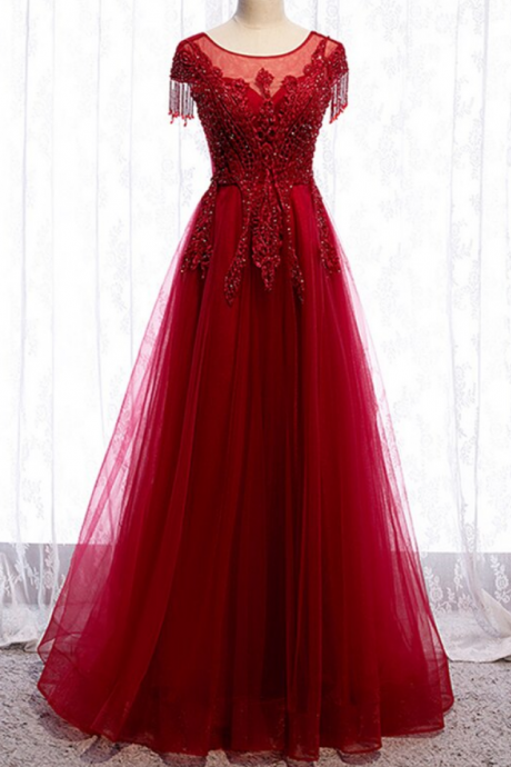 Sleeves Beading Appliques Tulle Scoop Floor Length Prom Dress