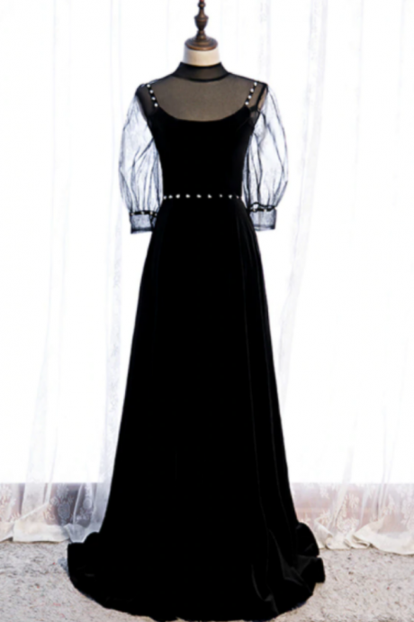 Black Velvet High Short Sleeve Backless Beading Prom Dress
