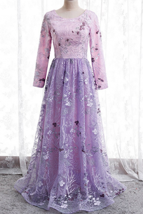 Tulle Embroidery Long Sleeve Prom Dress