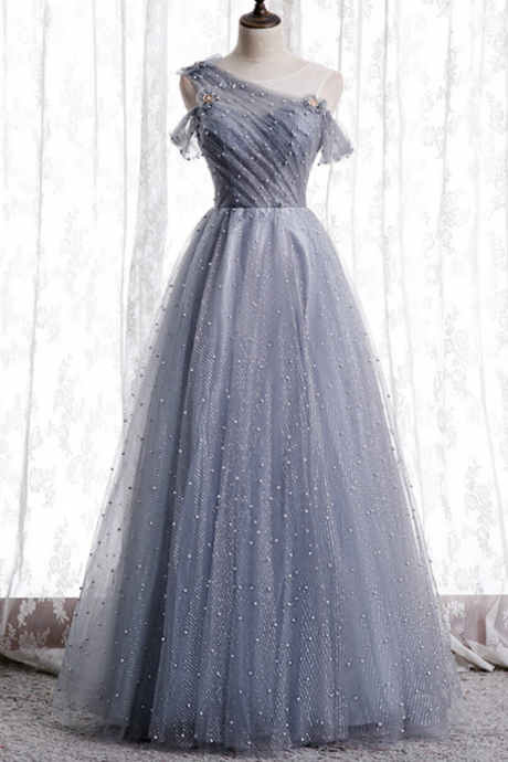 Tulle Sequins Scoop Pearls Formal Prom Dress
