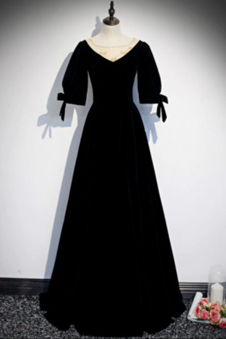 Black Velvet Short Sleeve Beading Prom Dress