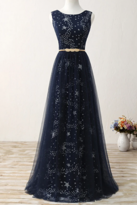 A Line Real Picture Navy Blue Tulle Floor Length Prom Dresses Party Formal Dress