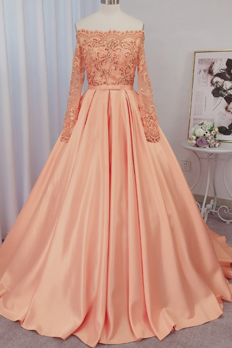 Ball Gown Satin Long Sleeves Beading Off-the-shoulder Court Train Dresses