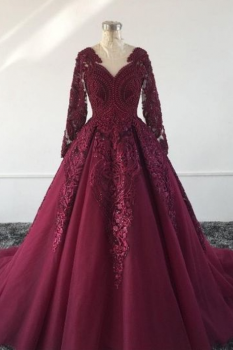 Burgundy Prom Dress With Train , Lace Prom Dress