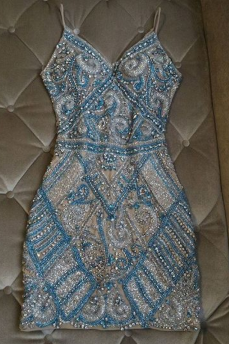 Silver And Turquoise Crystal ,Beaded Homecoming Dresses ,Short , Mini Dresses ,Applique,Evening Gowns