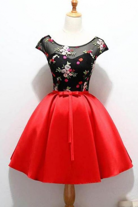 Cap Sleeve Red And Black Cute Homecoming Dresses