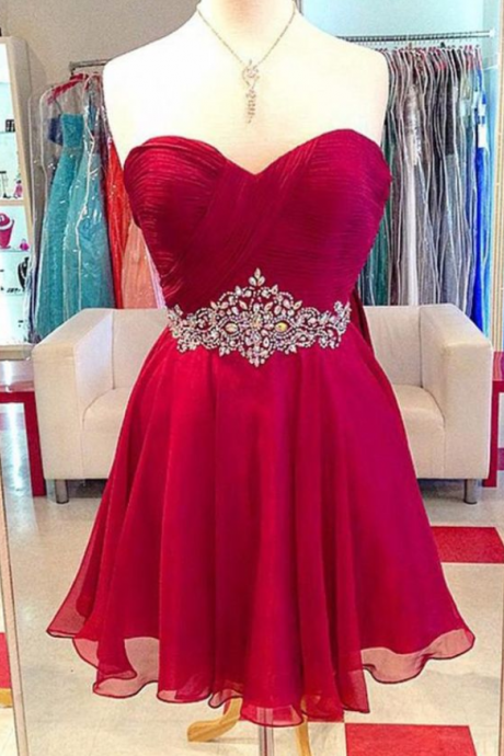 Elegant Red Sleeveless Chiffon Homecoming Dress,wrapped Chest Short Prom Dress With Beading