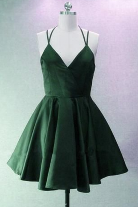 Green Halter V-neckline Short Junior Party Dress, Homecoming Dress