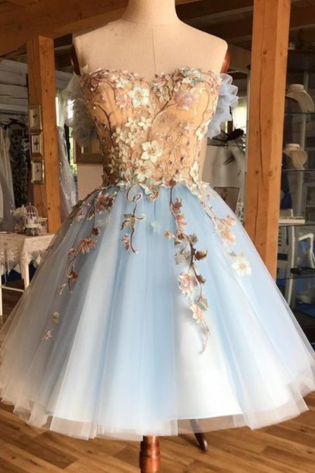 A-line Off-the-shoulder Above-knee Light Blue Homecoming Prom Dress With Appliques