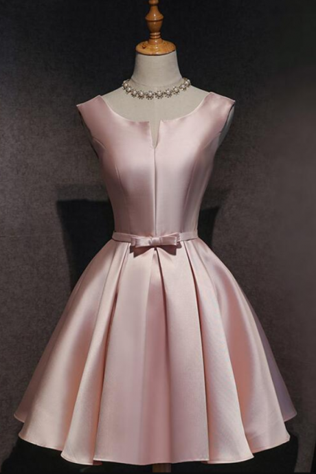 Pink Satin Cute Knee Length Party Dress, Pink Homecoming Dress Graduation Dress