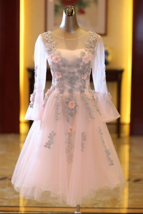 Beautiful Pink Long Sleeves Tulle Short Homecoming Dress,pink Prom Dress