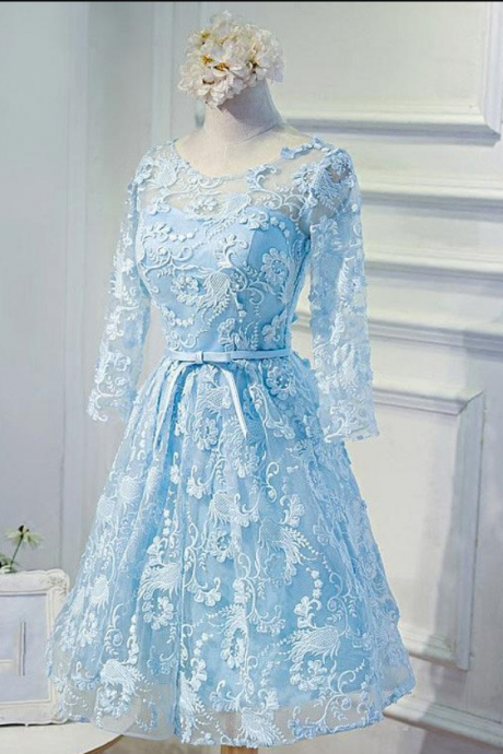 Charming Lace Round Neckline Short A-line Homecoming Dresses With Bowknot, Short Prom Dress