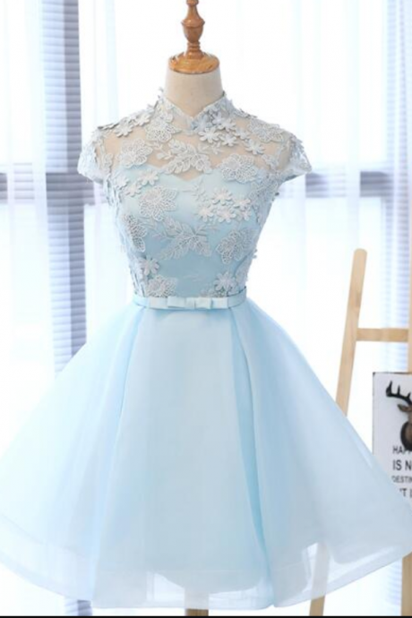 Light Blue Cute Tulle With Lace Short Party Dress, Blue Homecoing Dress