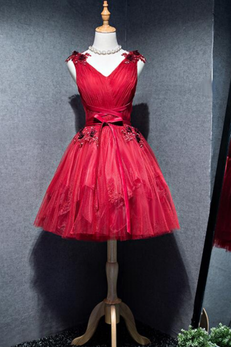 Red Tulle V-neckline Short Party Dress, Red Homecoming Dress